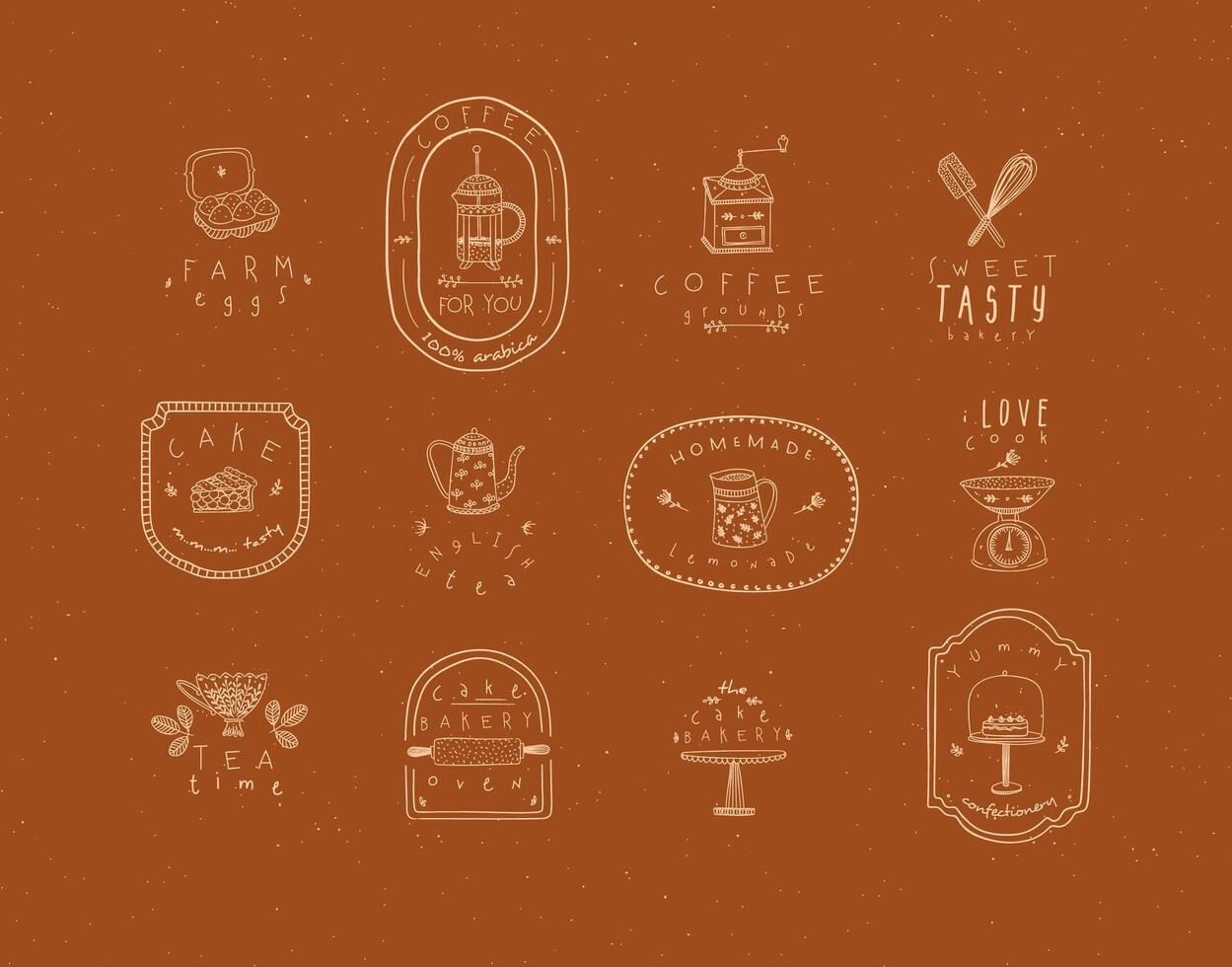 Set of kitchen labels with lettering drawing in handmade graphic primitive casual style on mustard background. vector