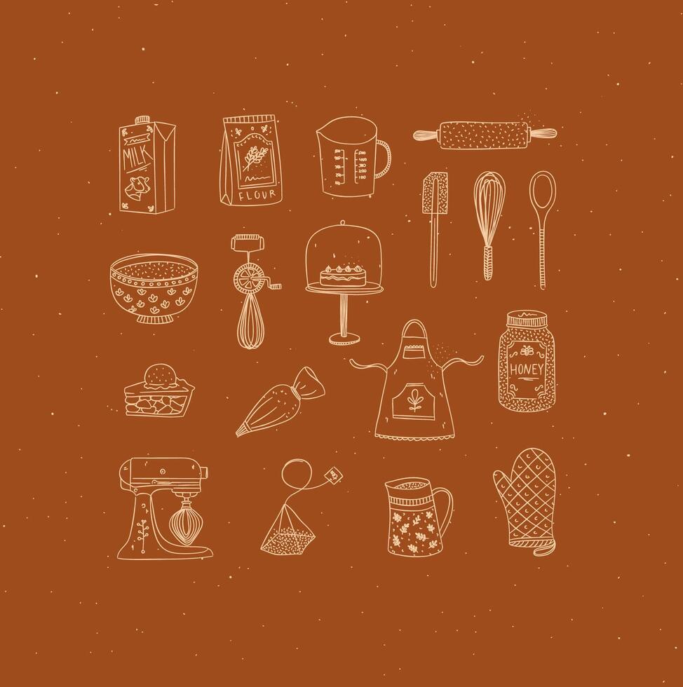 Set of kitchen bakery stuff drawing in handmade graphic primitive casual style on mustard background. vector