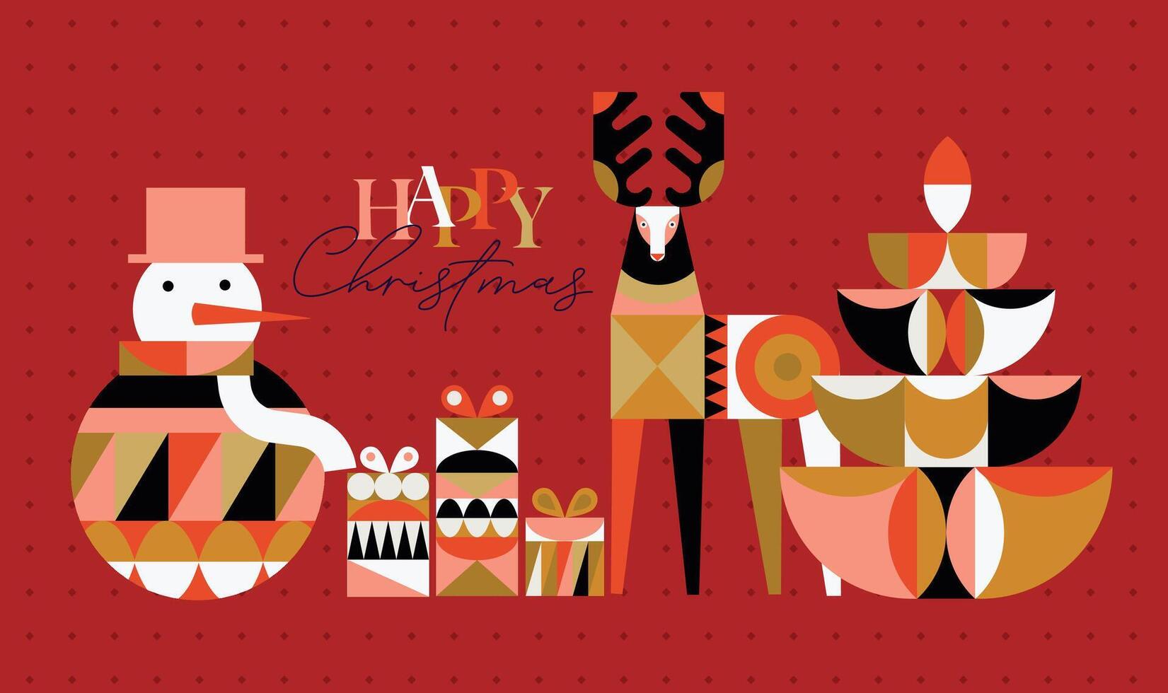 Poster snowman, present box, deer, tree lettering happy christmas in cubism style drawing on red background vector