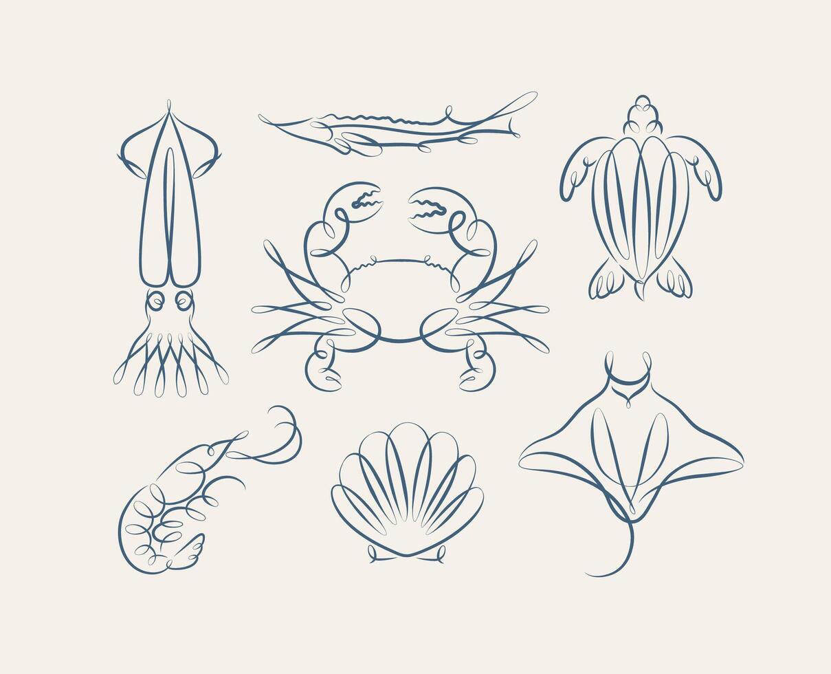 Filigree swirl sea and ocean creatures squid, fish, crab, turtle, shrimp, stingray, shell, scallop drawing on grey background vector