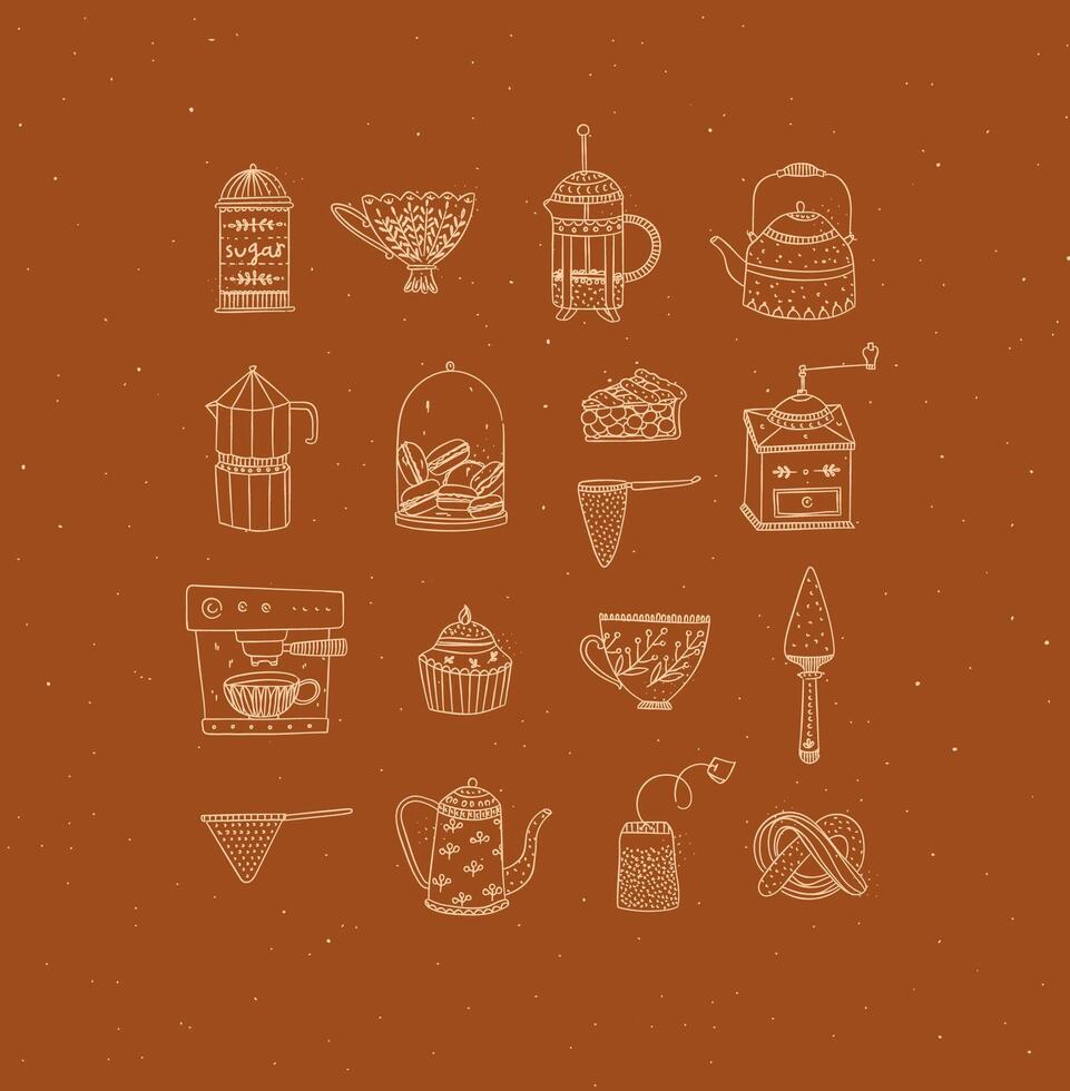 Set of kitchen equipment icon drawing in handmade graphic primitive casual style on mustard background. vector
