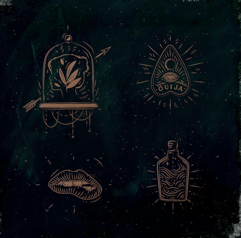 Magic and mystic signs and symbols head, tablet pointer, lips, bottle drawing on dark green background vector