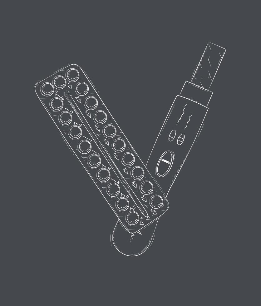Pregnancy or ovulation test and birth control pills composition drawing on black background vector