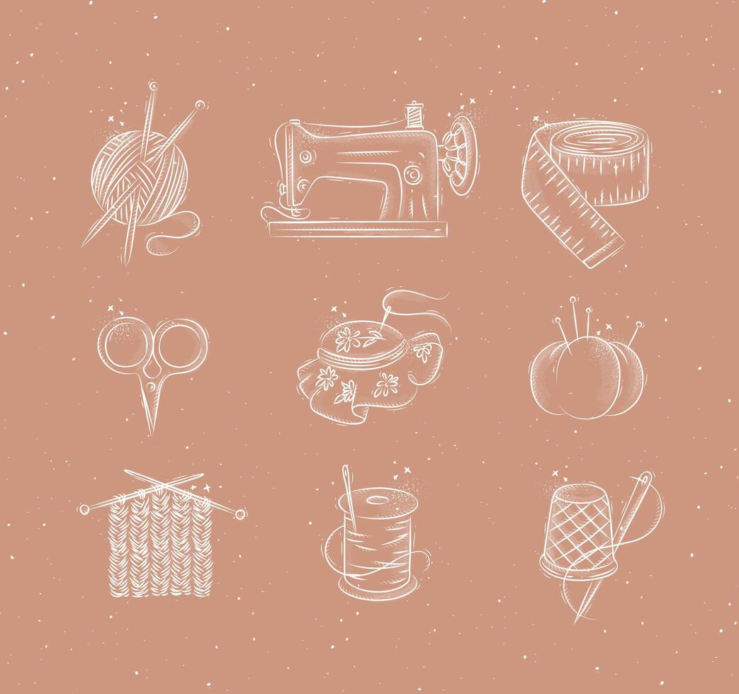 Sew icon set with illustrated sewing machine, skein of threads, scissors, knitting needles, needle, thread, embroidery hoop in hand drawing style on peach color background vector
