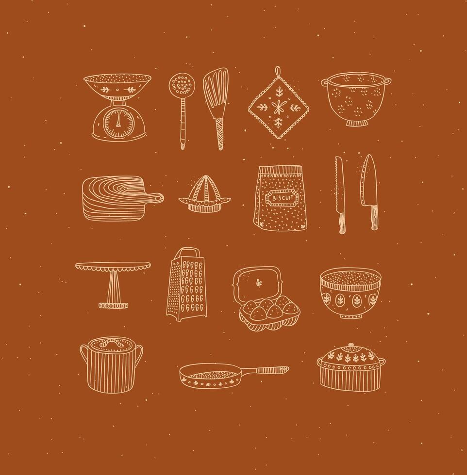 Set of kitchen tools and cooking icons drawing in handmade graphic primitive casual style on mustard background. vector