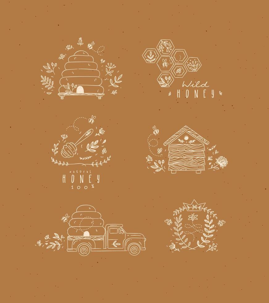 Honey collection of labels, beehive, honeycomb, spoon with flower and branches drawing in graphic style on mustard background vector