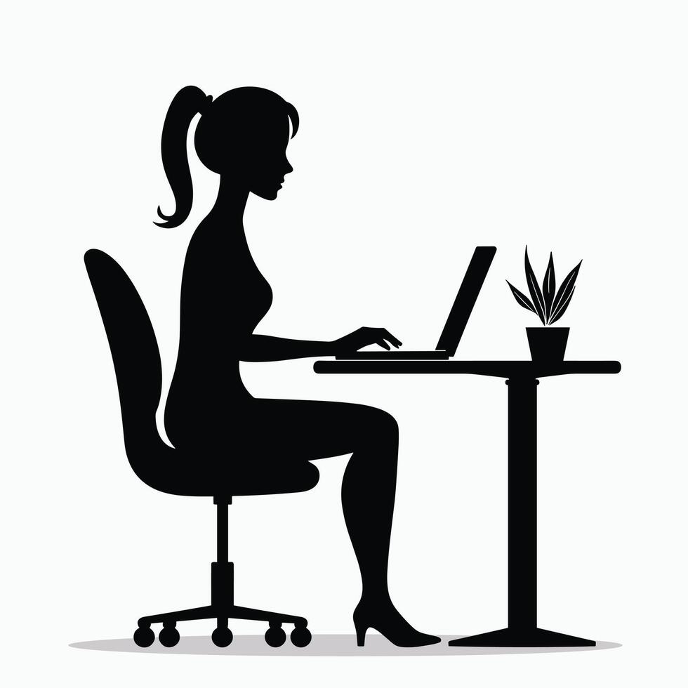 Silhouette of a woman working on a laptop at a desk, illustrating a modern workspace environment. vector