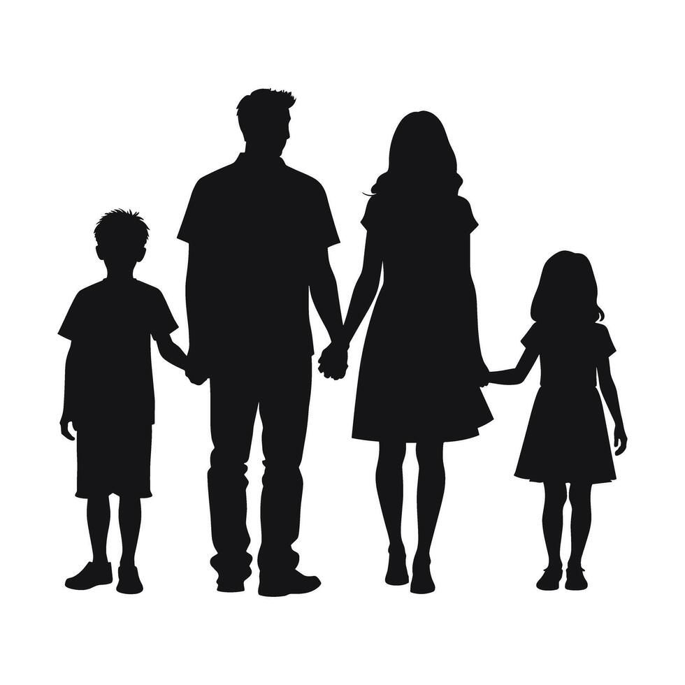 Silhouette of a family of four holding hands, depicting unity and togetherness. vector