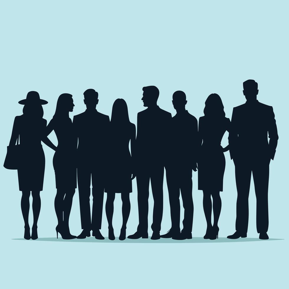A silhouette of a diverse group of men and women standing together against a light blue background. vector