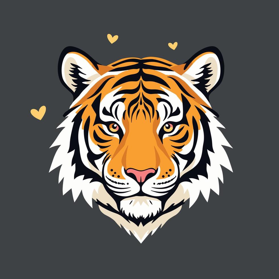 Illustrated tiger head with heart icons on a dark background, exuding a sense of strength and majesty. vector