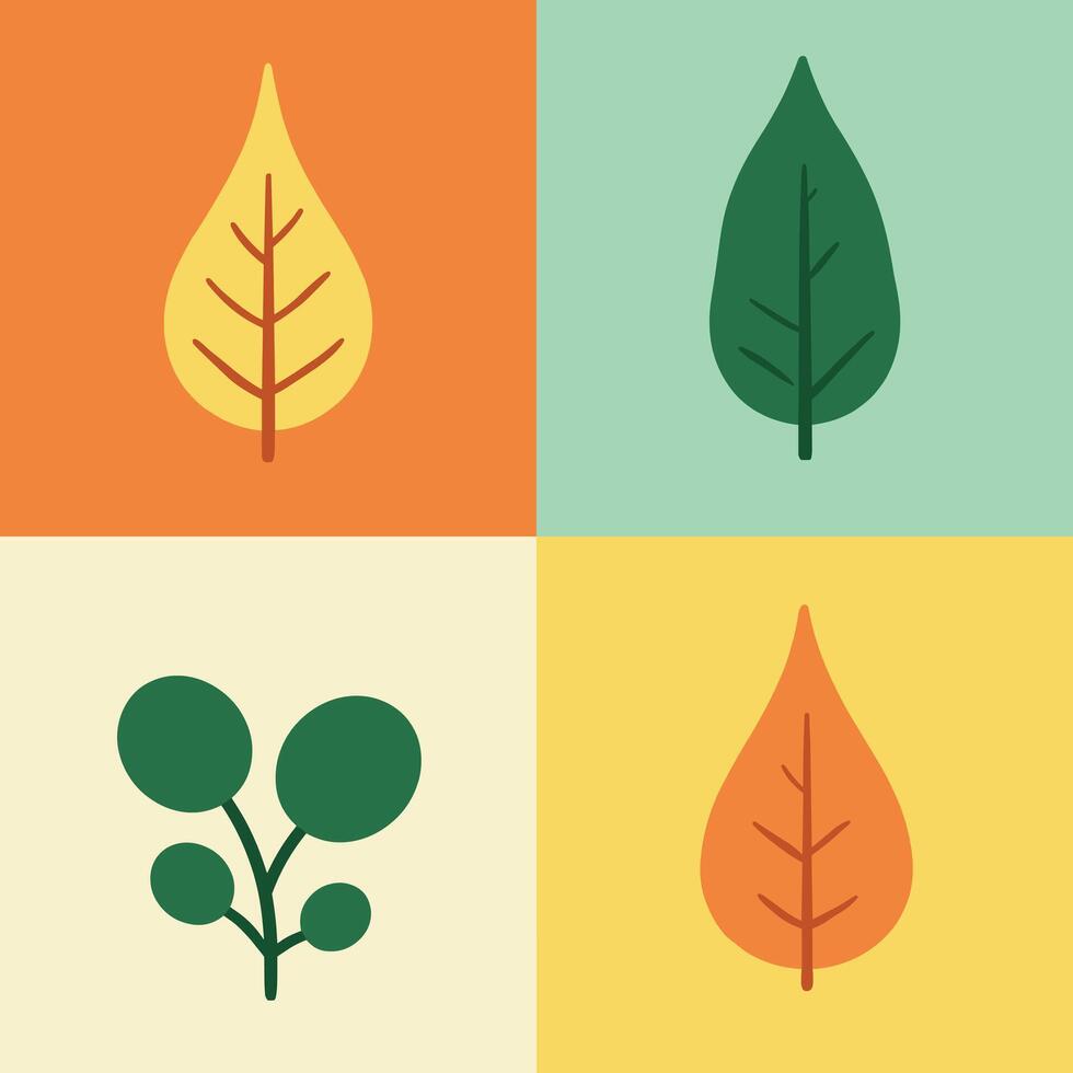 Illustration of four distinct leaves in a grid layout with vibrant background colors. vector