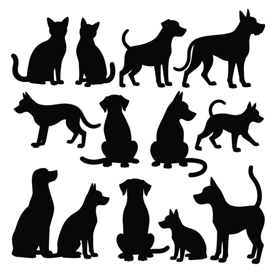 Silhouettes of various dog and cat breeds in sitting and standing poses. vector