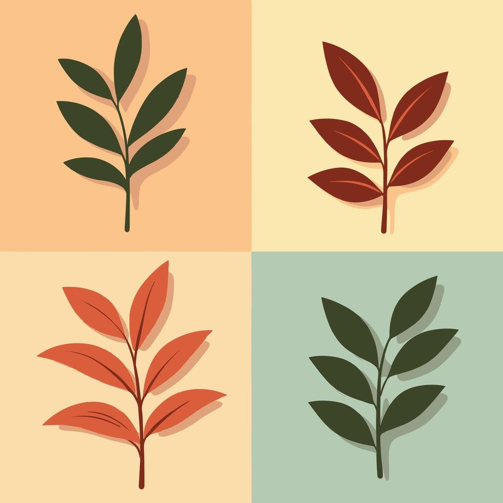 Four stylized botanical illustrations in a grid, featuring leaves in various shades of green, red, and orange on a muted background. vector