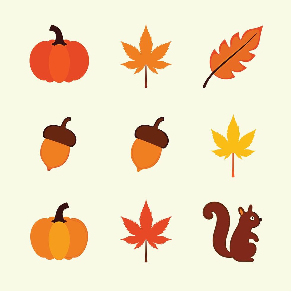 Autumn-themed illustration featuring pumpkins, leaves, acorns, and a squirrel on a light background. vector