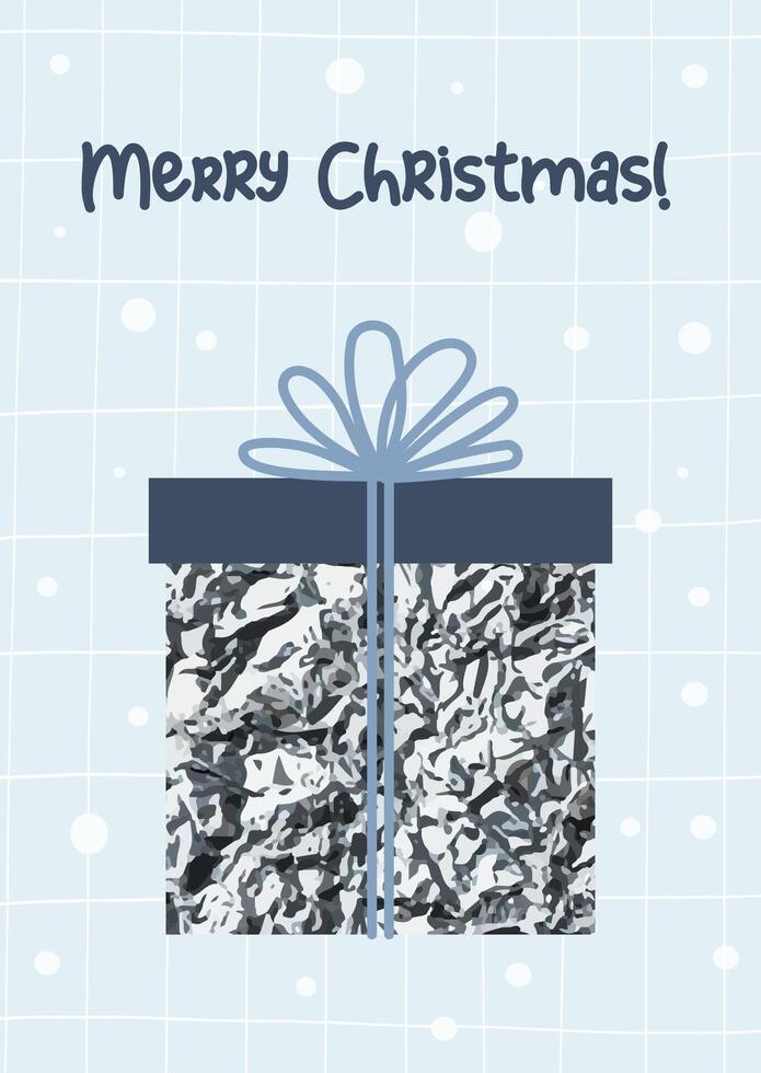 Merry Christmas. Gift decorative shiny silver box with bow. illustration. Holiday modern New Year card. vector