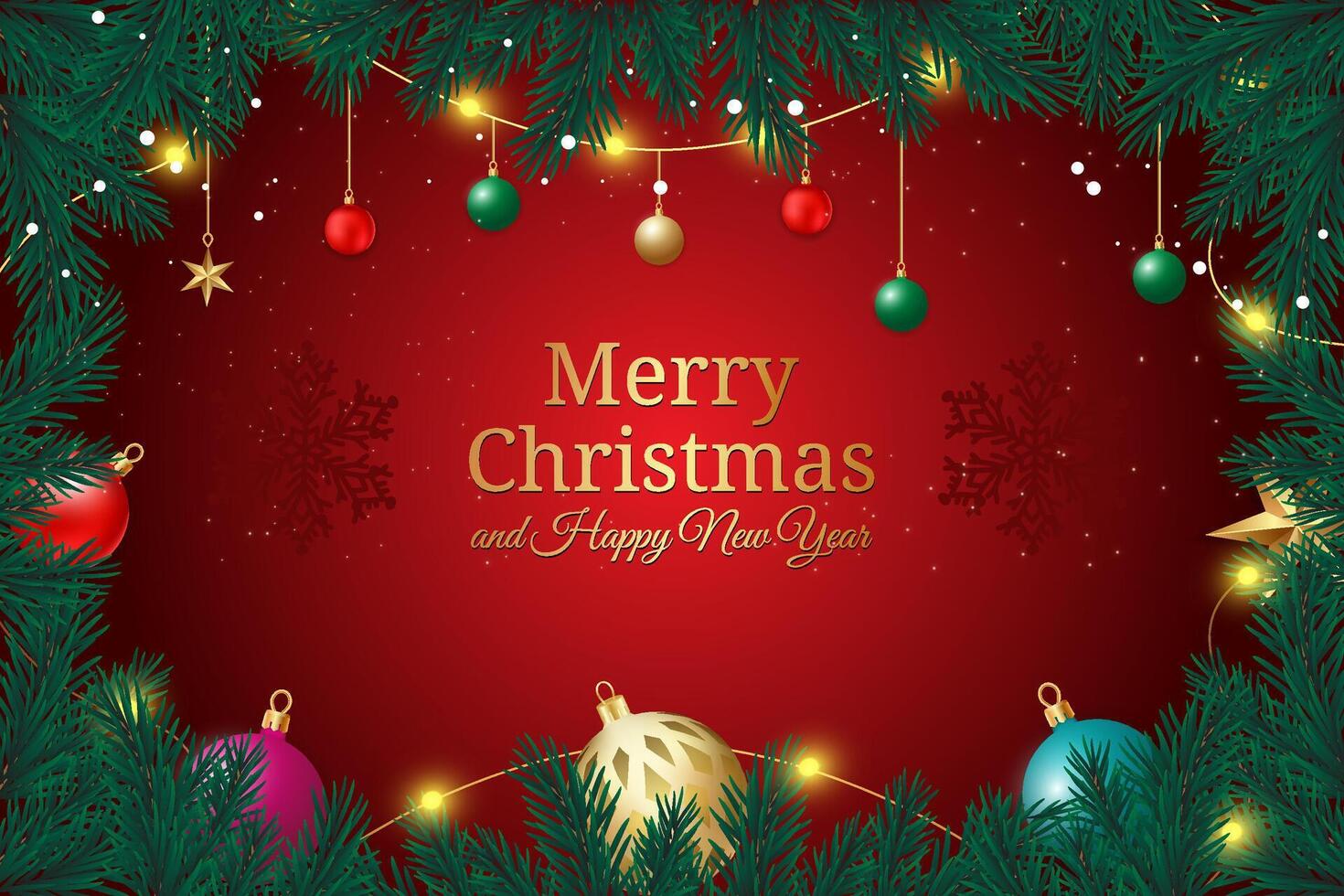 Christmas border with fir branches and decoration ornaments elements on red background. Realistic 3d design. Bright Christmas and New Year background light garlands, gold confetti. vector