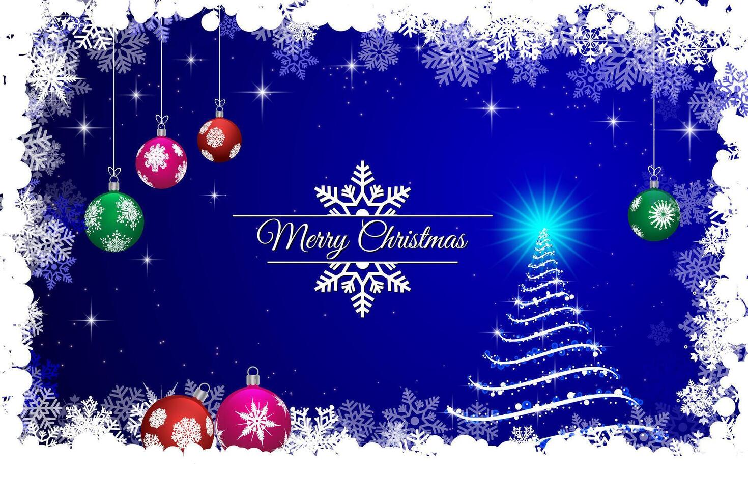 Elegant Blue Christmas Card with Ornaments, Snowflakes, and Glowing Tree vector