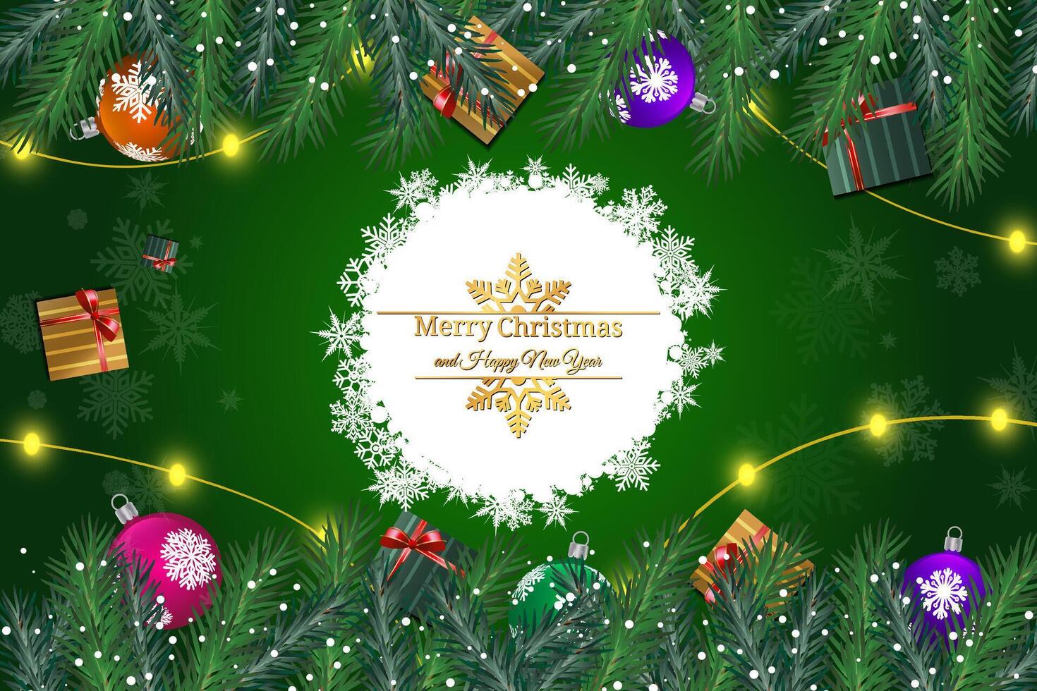 Merry Christmas and Happy New Year Greeting Card with Hanging Ornaments and Snowflakes vector