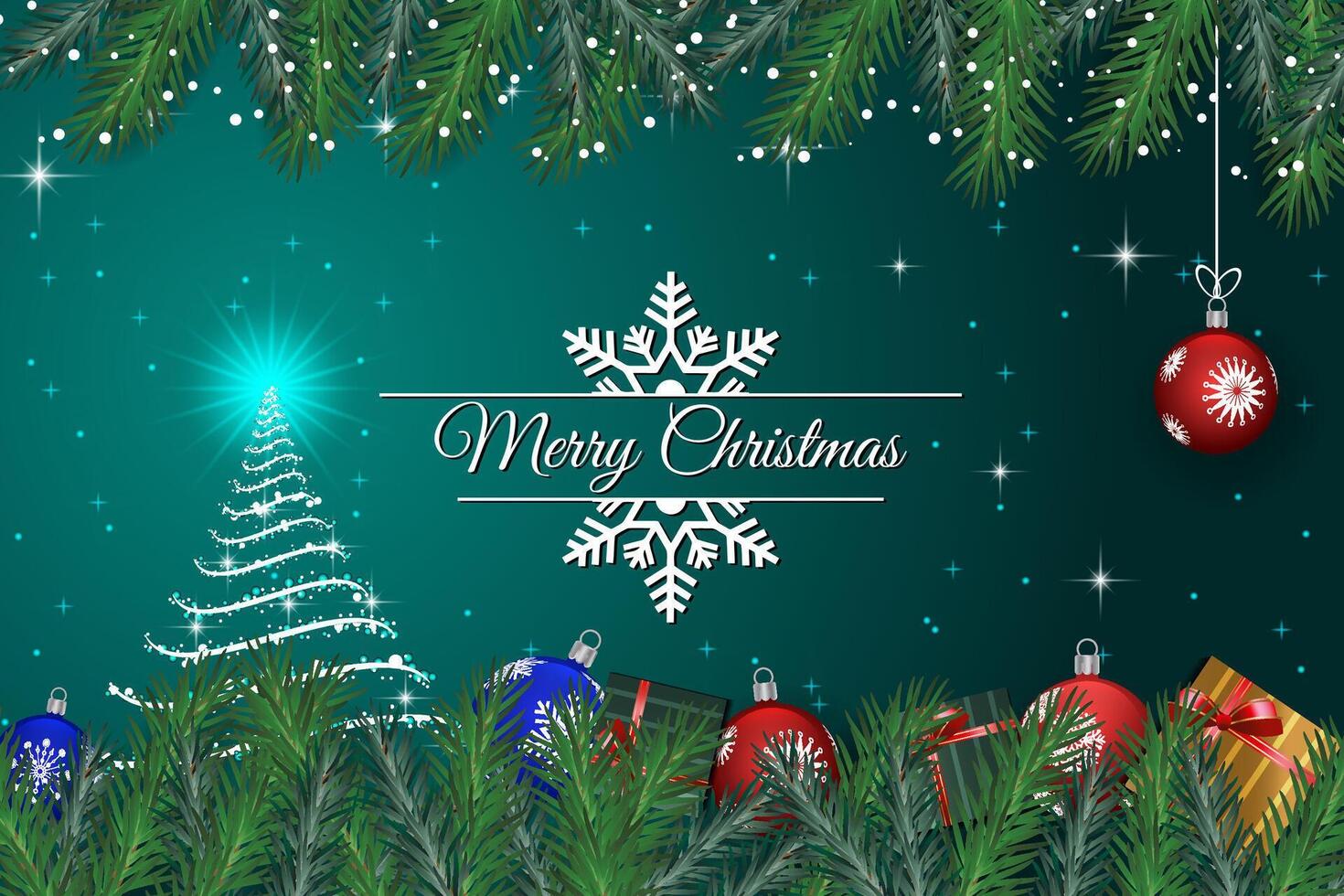 Merry Christmas Card with Festive Ornaments and Pine Branches vector