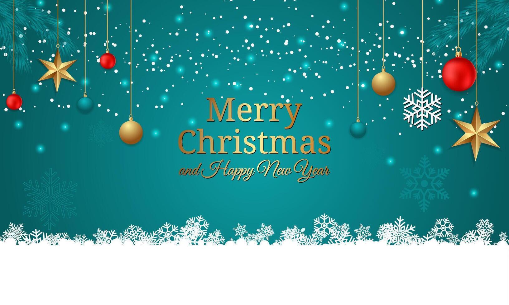 Merry Christmas and Happy New Year Greeting Card with Hanging Ornaments and Snowflakes vector