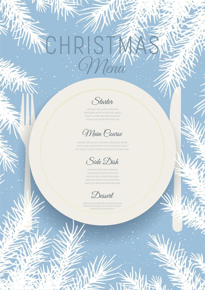Decorative Christmas menu background with plate and cutlery vector