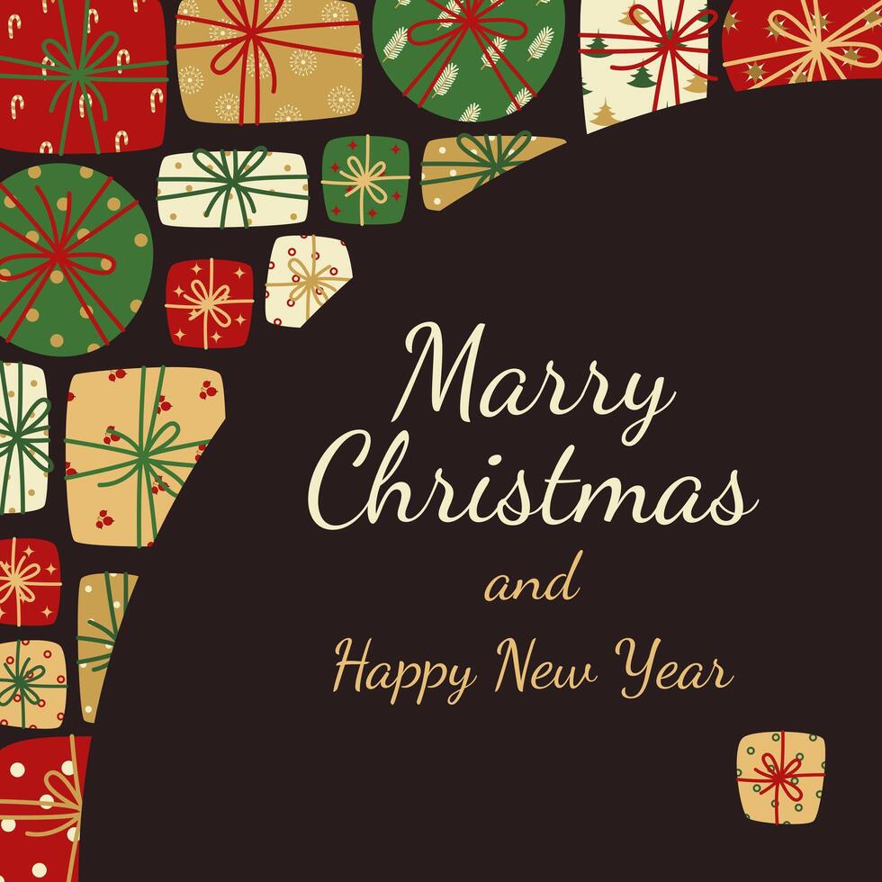 Merry Christmas greeting card. Wrapped gifts of different shapes on dark background. Illustration for greeting card, invitation, flyer. vector