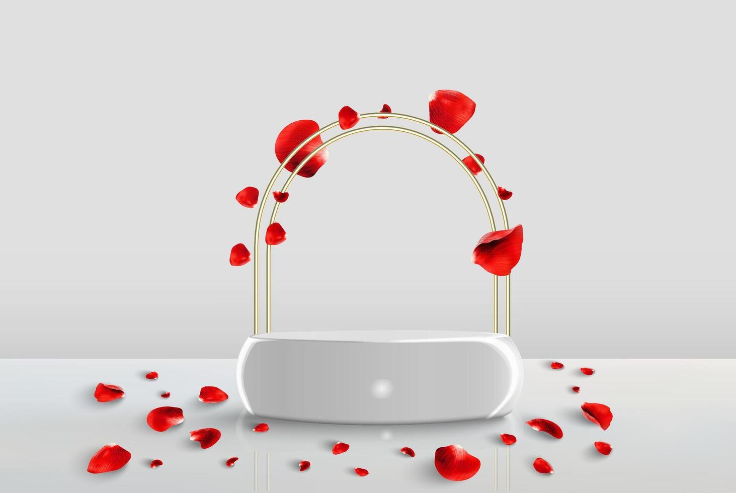 Podium scene white with red rose petals vector