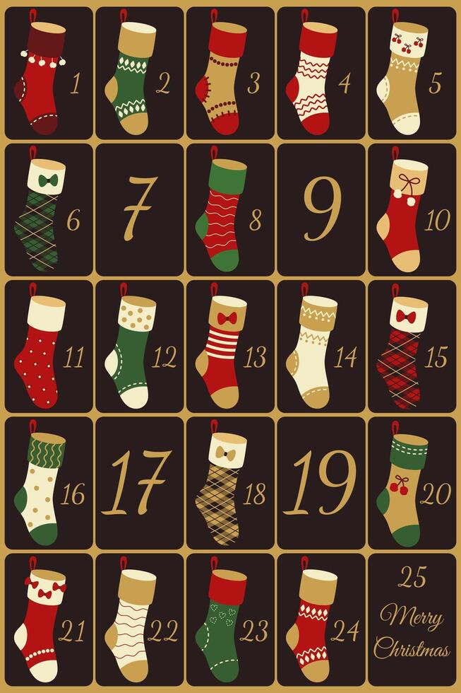 Christmas Advent calendar with simple flat illustrations, figures. Traditional gift socks in red, green and gold colors. vector