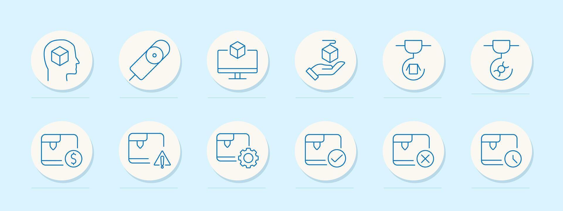 Packaging and logistics icons set. Box in mind, barcode scanner, box on screen, hand holding package, package with network, payment, caution symbol vector