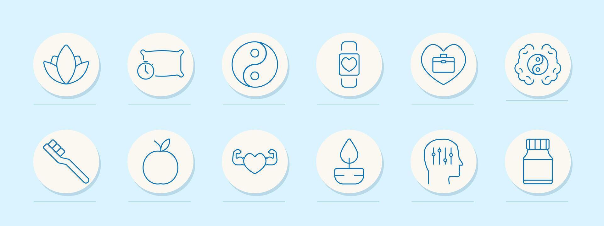 Health wellness set icon. Meditation, sleep, balance, smartwatch, heart, yin-yang, toothbrush, apple, fitness, candle, supplements, body care, mindfulness, exercise, nutrition, self-care, well-being vector