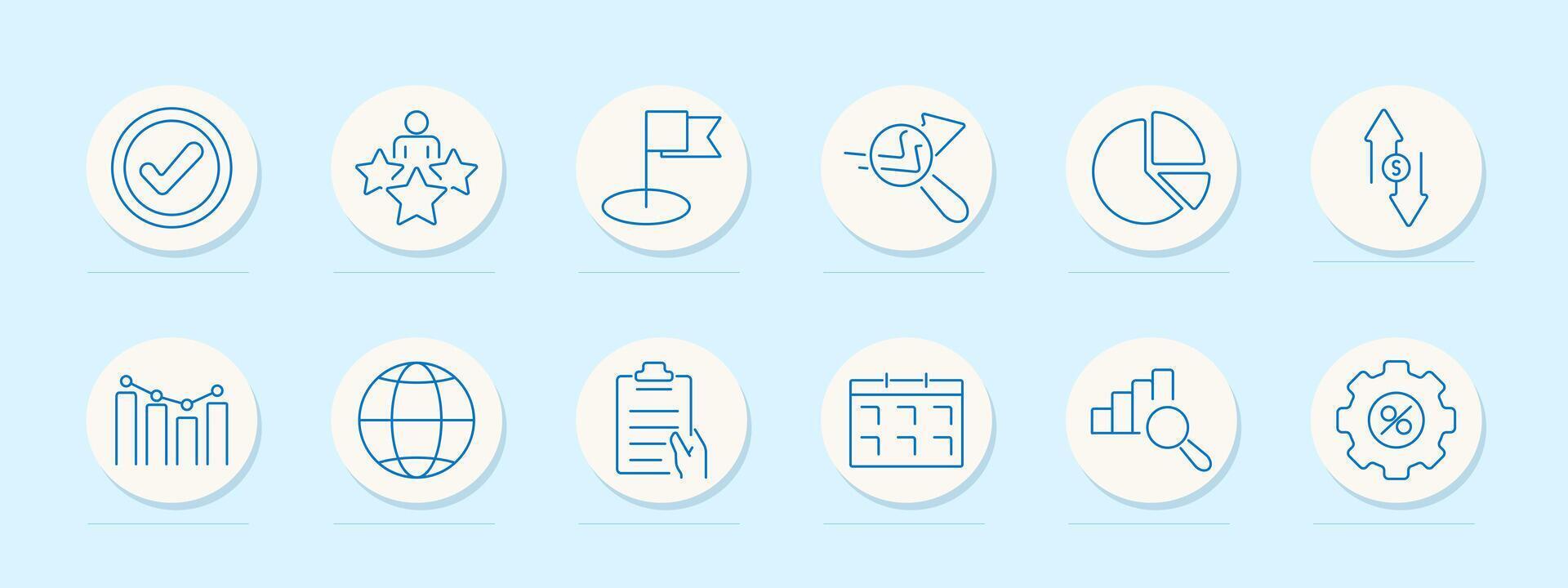 Finance set icon Checkmark, person with stars, flag, magnifying glass with chart, pie chart, money exchange arrows, graph, globe, clipboard, calendar, magnifying glass with chart, gear with percentage vector