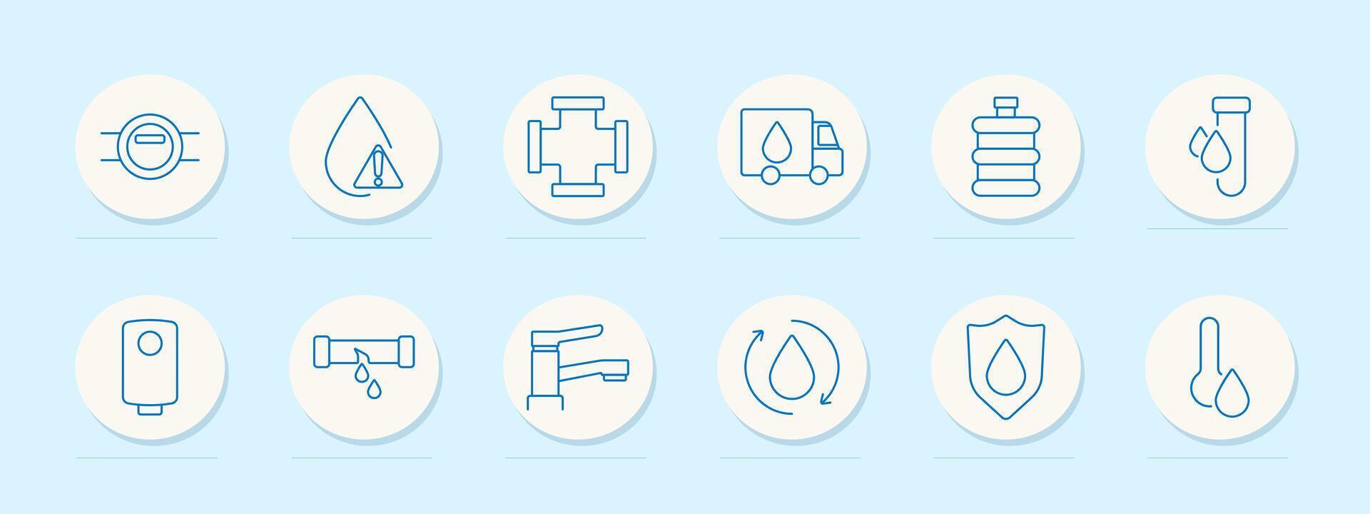 Water set icon. Pipeline, drop with alert, pipe junction, truck, container, test tube, heater, leaking pipe, tap, drop with arrows, shield, thermometer. vector