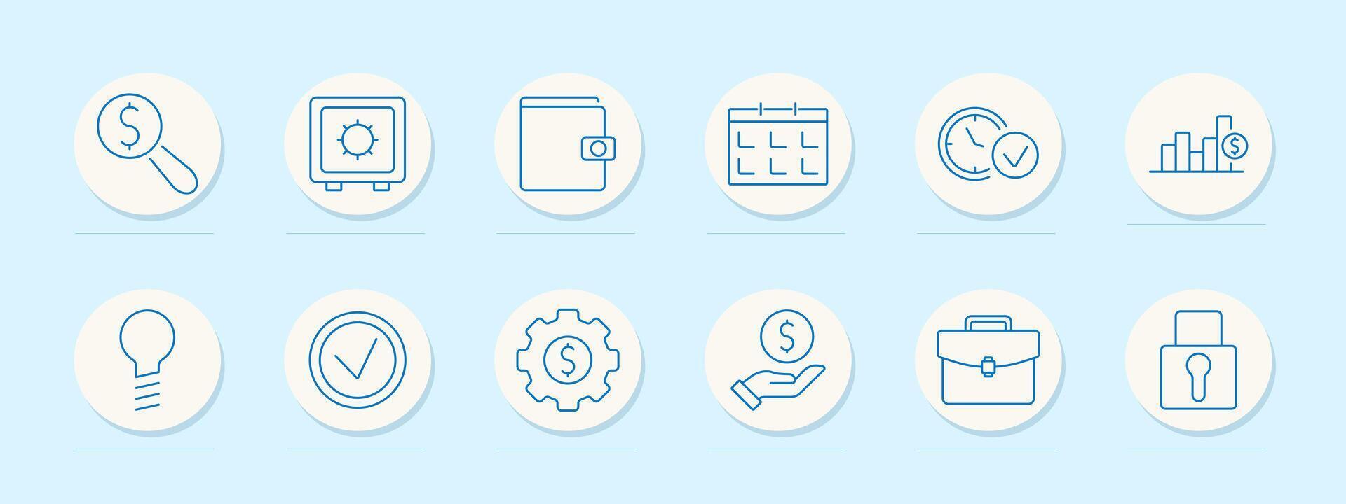 Banking and savings icons set. Magnifying glass with dollar symbol, safe, wallet, calendar, clock, bar chart, light bulb, checkmark, hand holding coin, briefcase, lock vector