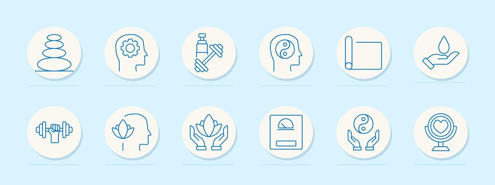 Wellness set icon. Stone balance, head with gear, dumbbell, head with yin yang, yoga mat, hand with drop, dumbbell with leaves, lotus flower, scale, hands with lotus, mirror with heart. vector