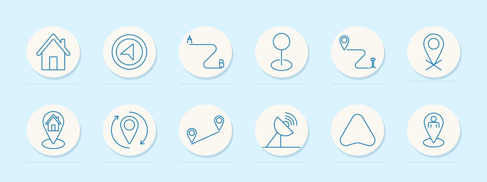 Location set icon. House, play button, path from A to B, location marker, curved path, house with pin, circular arrow, straight path, satellite, mountain, person pin. vector
