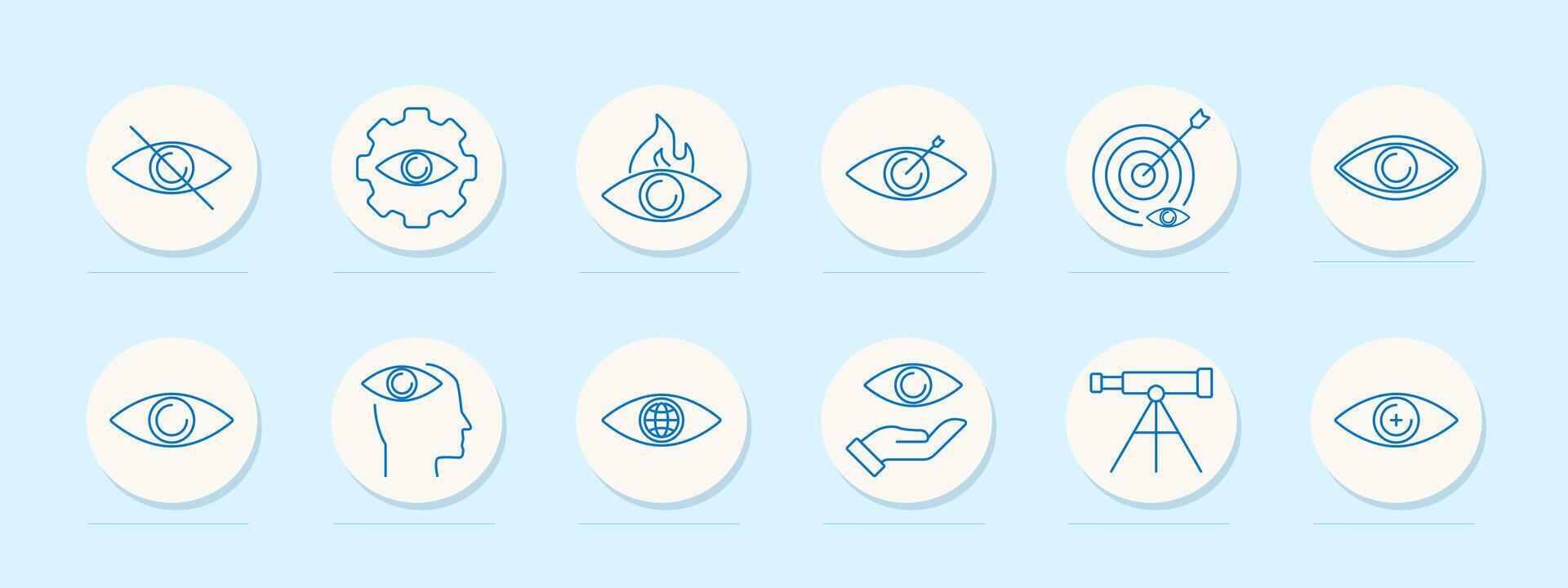 Vision set icon. Crossed-out eye, gear, flaming, target, arrow, target, head , globe eye, hand, telescope with eye, magnifying. vector