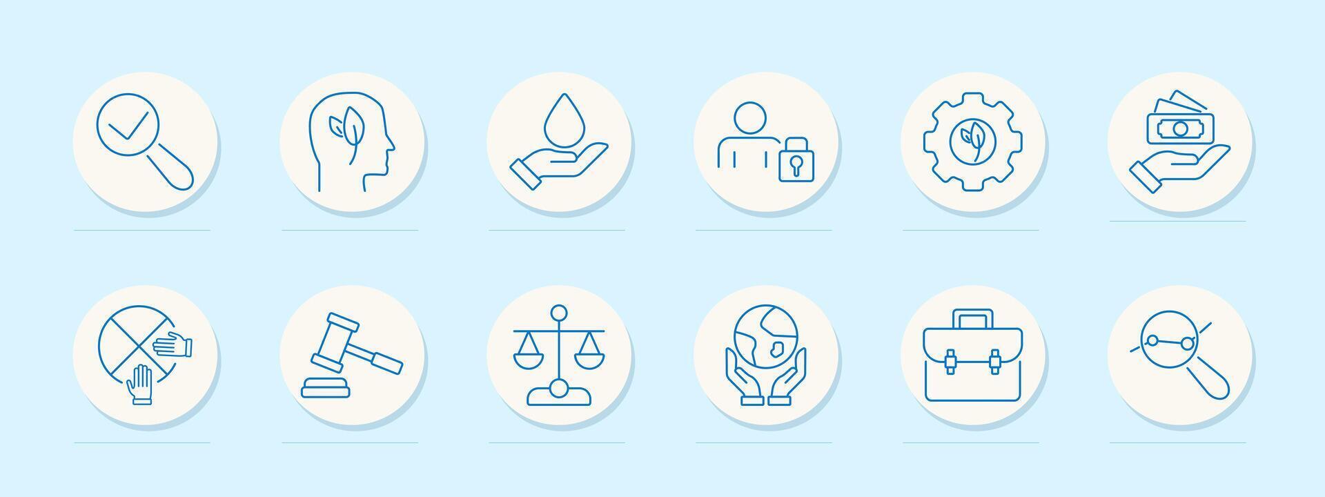 Sustainability and environmental responsibility set icon. Checkmark, mental health, water conservation, data protection, eco-friendly practices, justice, law, global responsibility, finance, balance vector