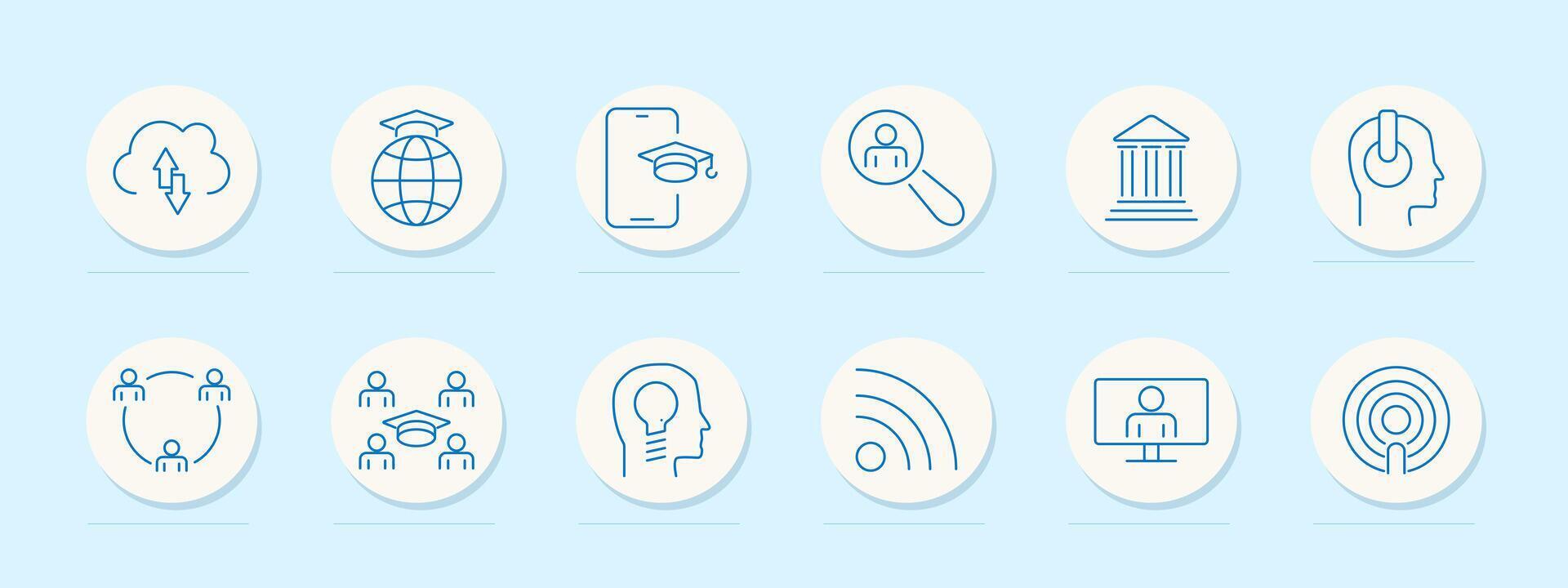 Education set icon. Cloud upload, global graduation, mobile learning, person search, institution, head with headphones, group learning, online graduation, knowledge sharing, broadcast vector