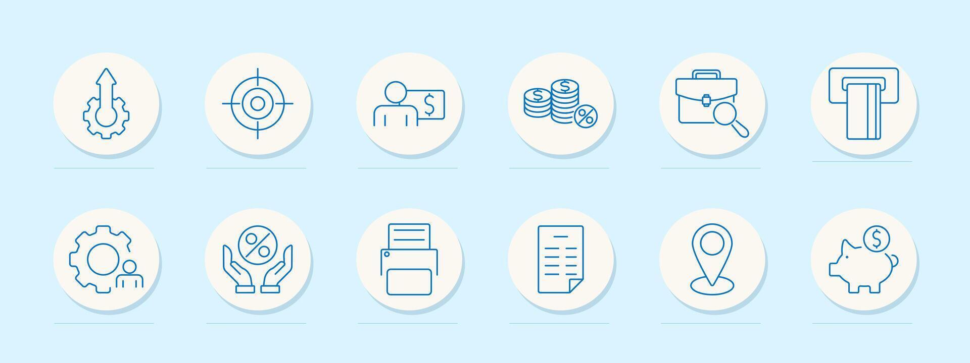 Financial and professional services icons set. Gear with upward arrow, target with money, person with dollar sign, coin stack, briefcase with magnifying glass, ATM, percentage symbol, gear with person vector