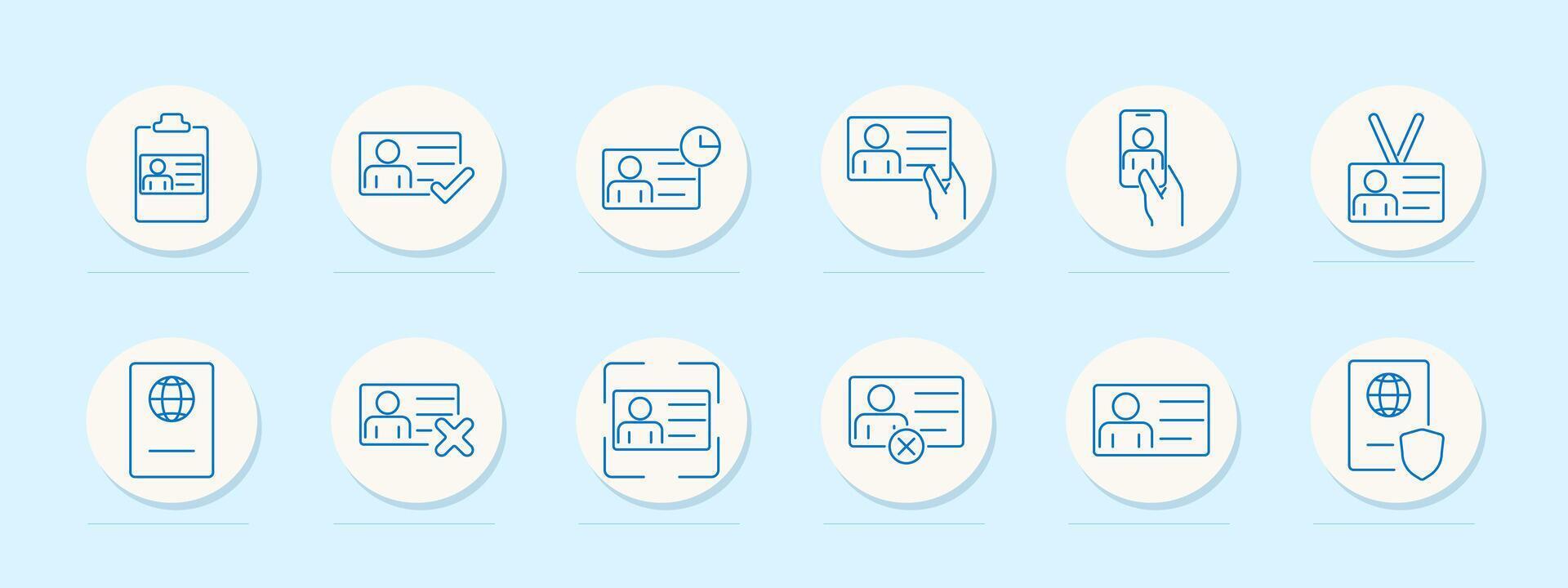 Identification set icon. Clipboard, verified ID, clock, handing, mobile ID, lanyard , rejected, passport with cross, scanned ID, passport with shield. vector