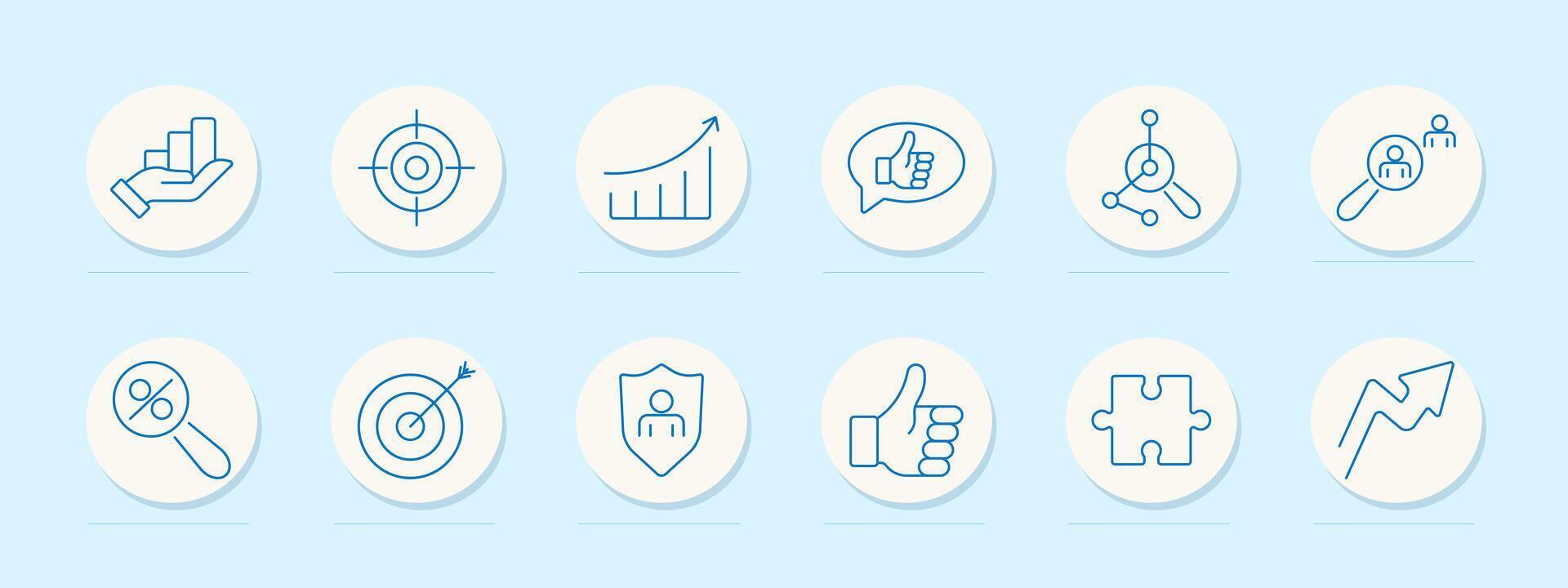 Business set icon. Hand with bar chart, target, growth chart, thumbs up, network, magnifying glass with people, percentage, target with arrow, person shield, thumbs up, puzzle, upward arrow vector