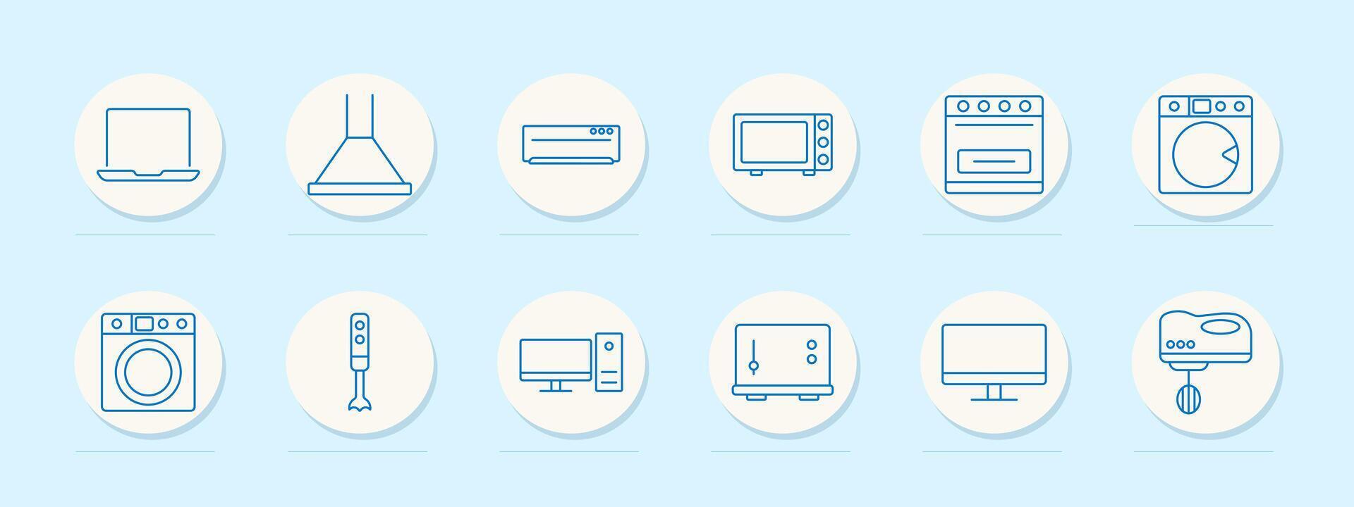 Appliances set icon. Laptop, range hood, dishwasher, microwave, oven, washing machine, blender, desktop, amplifier, monitor, mixer. vector