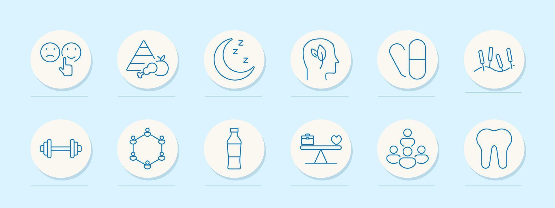 Healthy lifestyle set icon. Emotions, food pyramid, sleep, mental health, vitamins, nature, dumbbell, group exercise, water bottle, balance, teamwork, nutrition, self-care, hydration, relaxation vector
