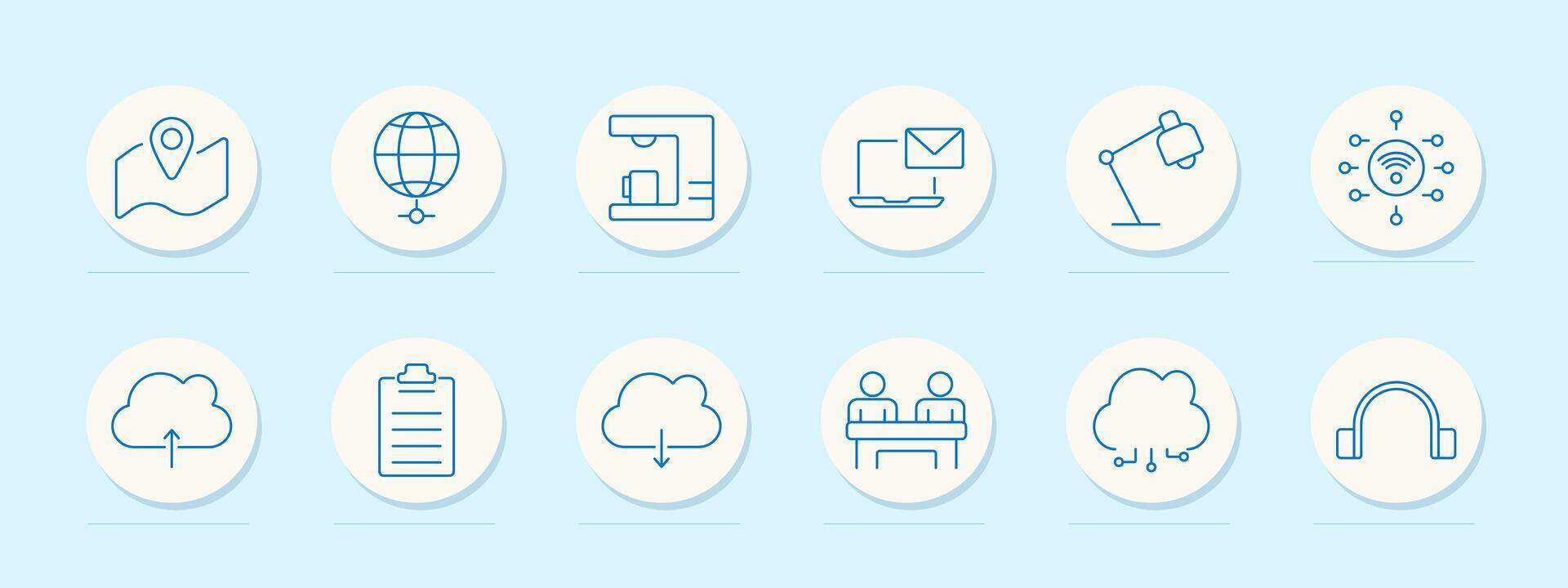 Map and outdoor icons set. Location map, globe with latitude lines, coffee machine, email on laptop, desk lamp, Wi-Fi symbol, cloud icon, clipboard, cloud upload, two people at a desk vector