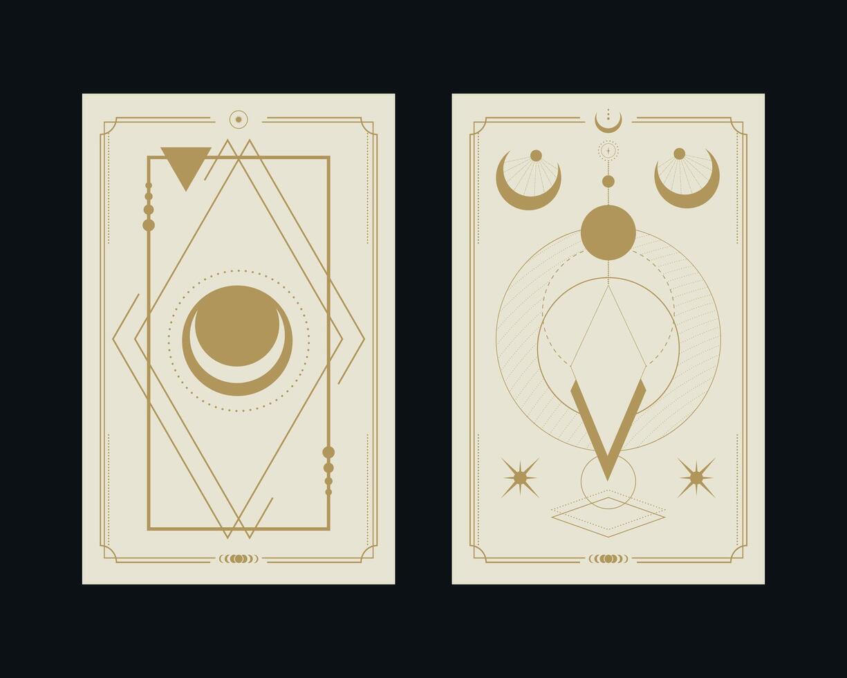 Magical tarot cards with geometric shapes, stars and crescents. Mystery, astrology, alchemy vector