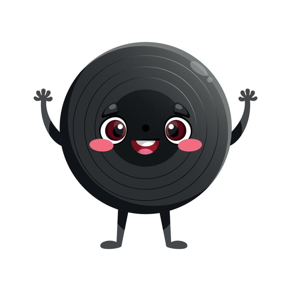 Cute cartoon vinyl record character is smiling. Vinyl disk, gramophone record mascot character in childish style vector