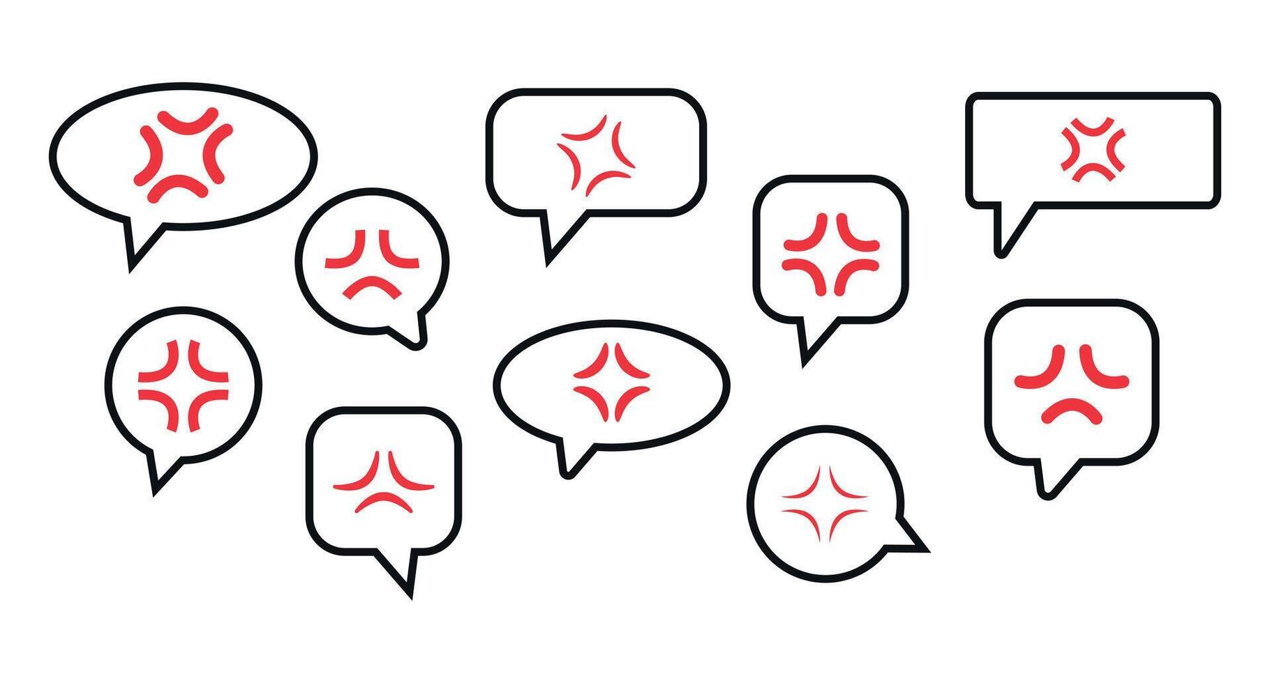 Red anime anger symbol collection. Angry anime icon set in speech bubbles vector