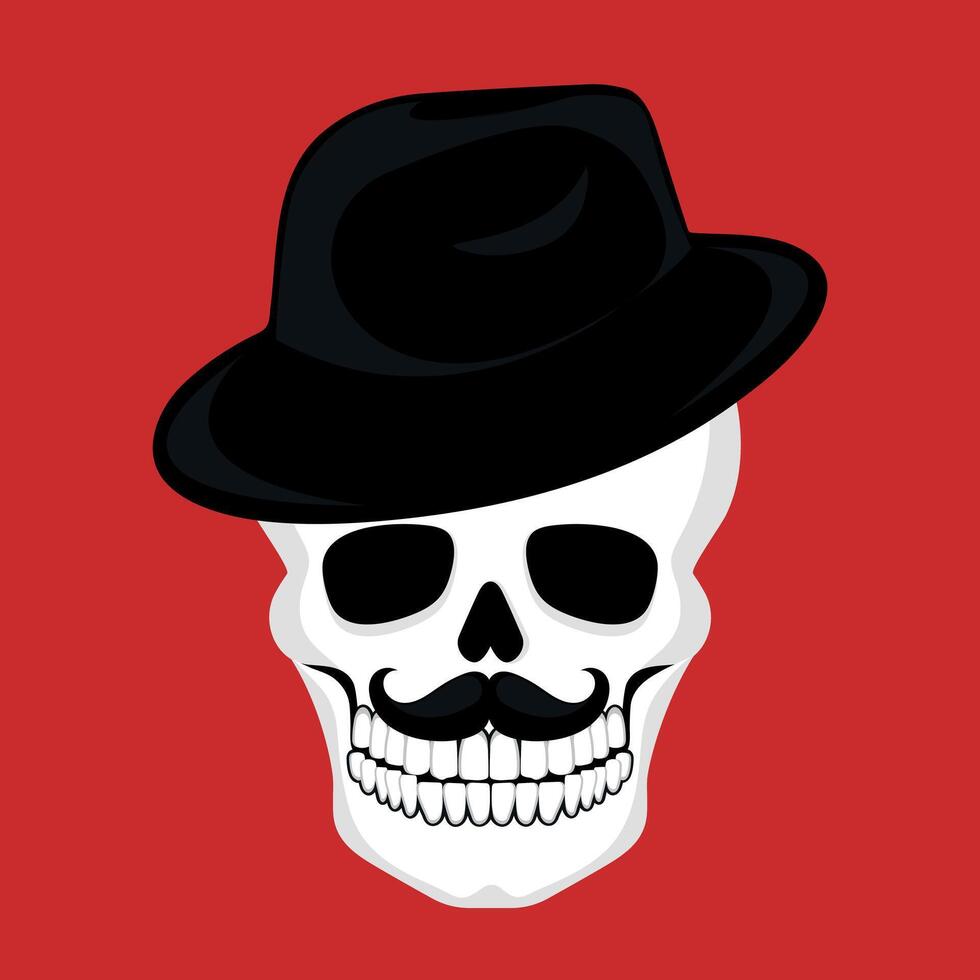 Human skull with mustache in a hat. Gangster skull icon emblem logo vector