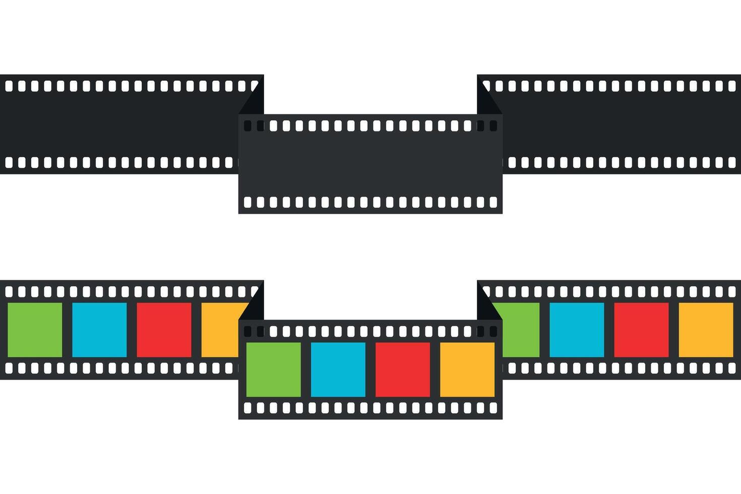 Black and colored folded film strip set. Long film strip template vector