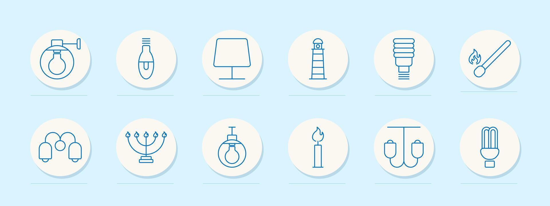 Electrical set icon. Light bulb, chandelier, table lamp, lighthouse, energy-saving, match, wall lamp, menorah, candle, pendant light, chandelier, illumination, lighting, energy, electricity, decor vector